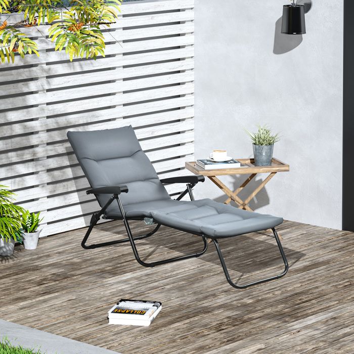 Bain de soleil pliable transat inclinable 6 positions grand confort avec matelas + accoudoirs acier polyester gris
