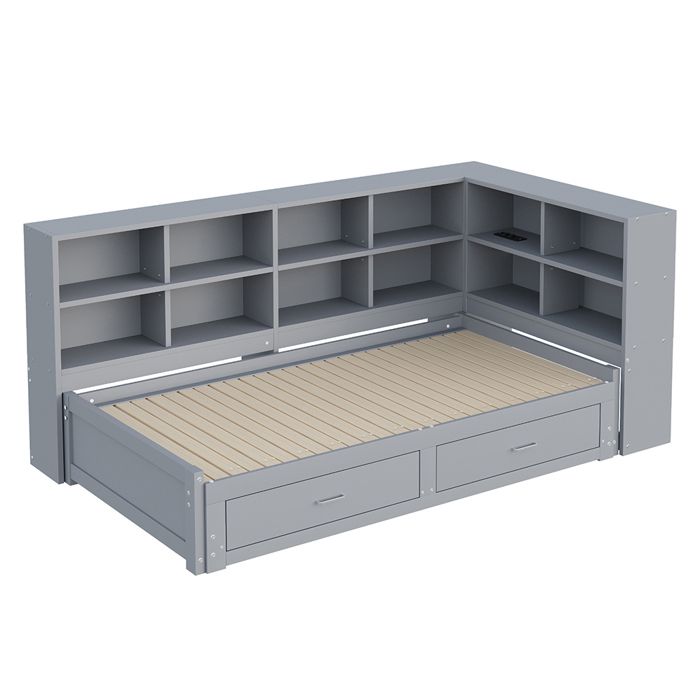 Canapé-lit 90/180 x 190 cm- avec lit gigogne- compartiment de rangement- tiroirs- sommier à lattes- bois de pin- gris- sans matelas