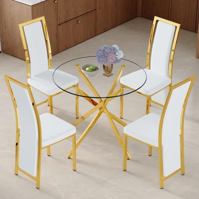 Ensemble table et chaises ronde en verre trempé de 88 cm de diamètre Table à manger avec 4 chaises en PU blanc à bordure dorée