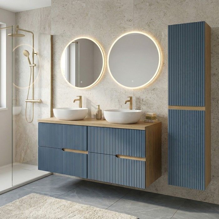 Ensemble meuble double vasque à poser L. 120 cm + 1 colonne Chêne naturel 4 tiroirs Bleu Mer cannelé EVA