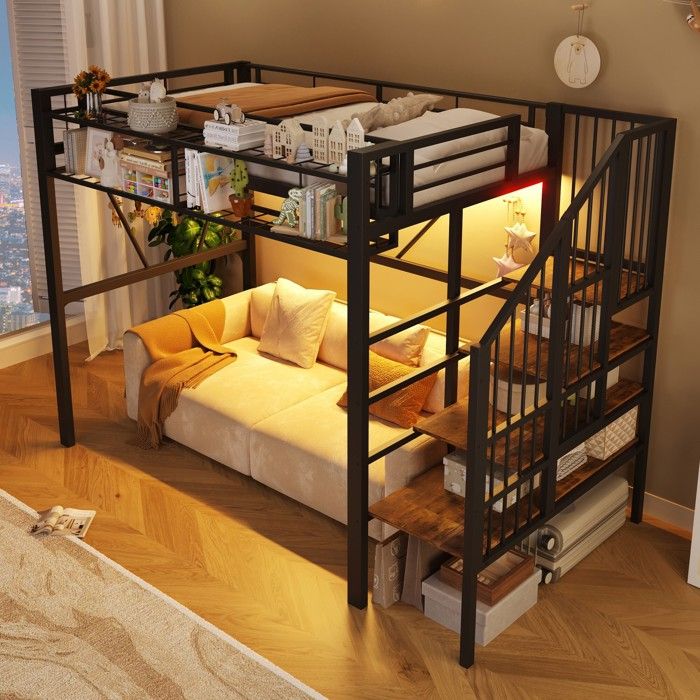 Lit mezzanine enfant 90×200 cm Lit ado Lit simple en fer avec éclairage LED étagères ouvertes escalier de rangement - noir