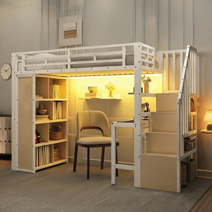 Lit mezzanine enfant avec bureau et rangement cadre métal soft white 90 x 200 cm