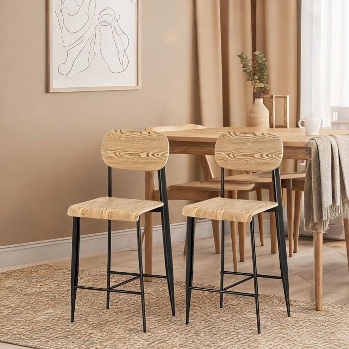 Set de 2 chaises de bar en métal et bois naturel clair hauteur dassise 66 cm style industriel pour cuisine