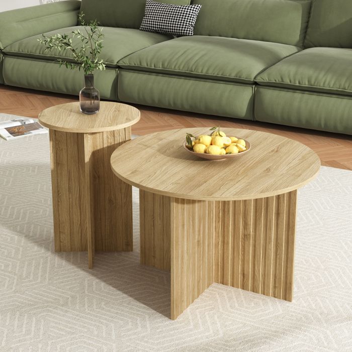 Table basse gigogne lot de 2 ronde Ø76 et Ø40 cm design scandinave gain de place salon MDF PB aspect bois naturel