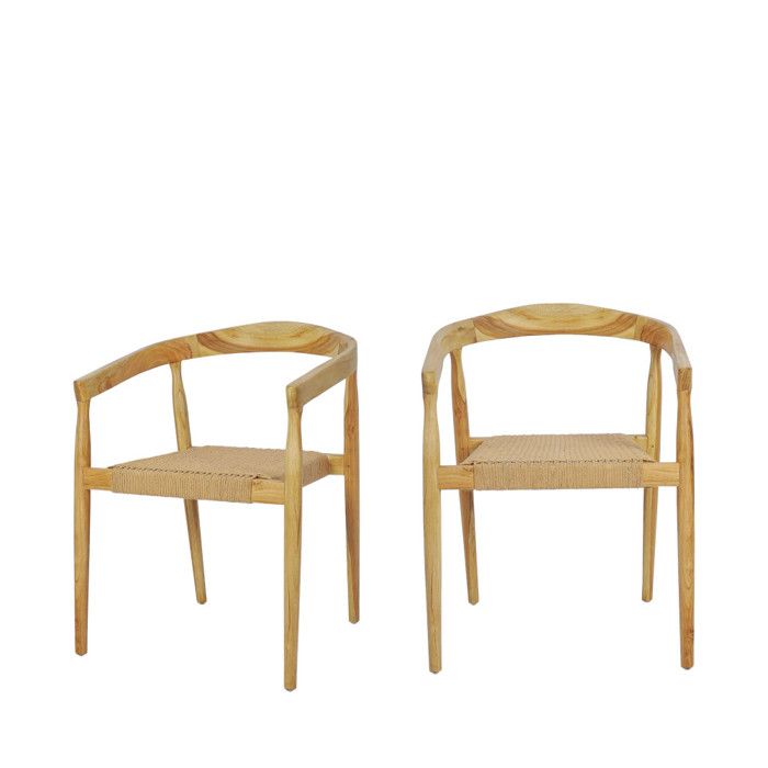Buri - Lot de 2 fauteuils de table en teck et corde tressé - Bois clair