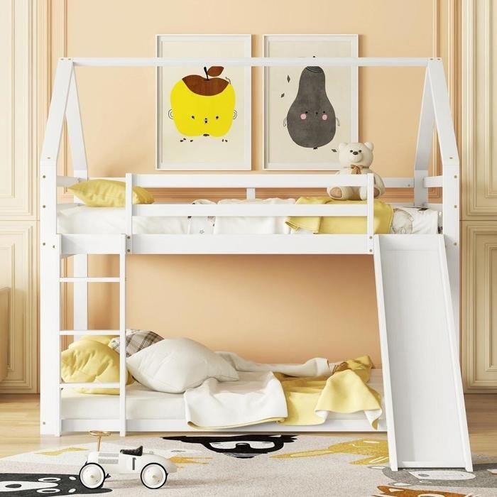 Lit superposé - KOMHTOM - Maison - 140x200 cm - toboggan & échelle - pin massif blanc Lit superposé - KOMHTOM - Maison - 140x200 cm - toboggan & échelle - pin massif blanc