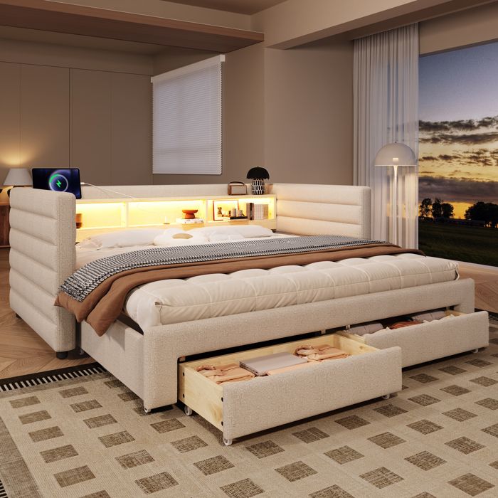 Lit journée 90x190 cm en velours beige lit escamotable LED USB/Type-C 2 tiroirs rangements