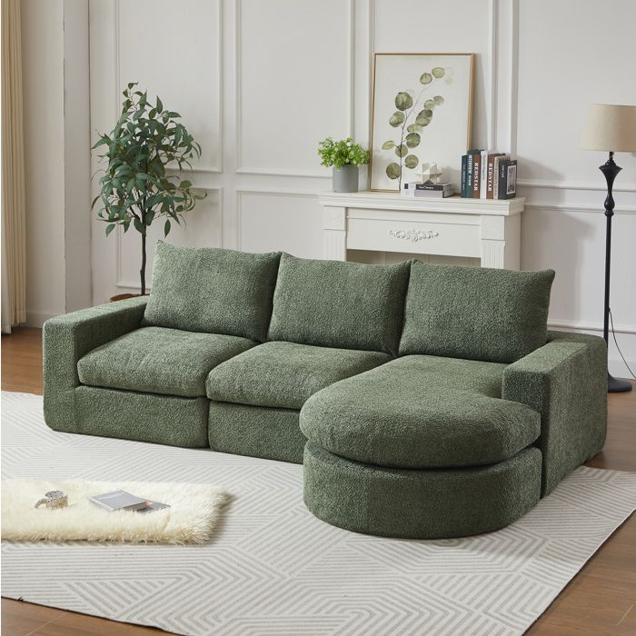 Canapé d’angle modulaire compressé en chenille verte 251 x 160 x 81 cm avec méridienne réversible