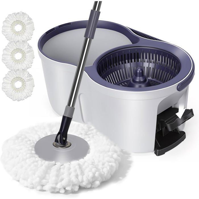 Serpillière seau essoreur à pédale lot 3 tampons microfibre lavables manche télescopique inox tête pivotante 360° seau gris