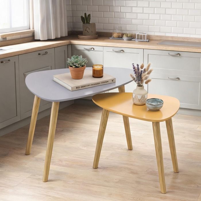 23.4 x 15.6 x 17.7 in Table combining forme triangulaire Gris Et Jaune MDF and Lot de 2 tables basses gigognes scandinaves en