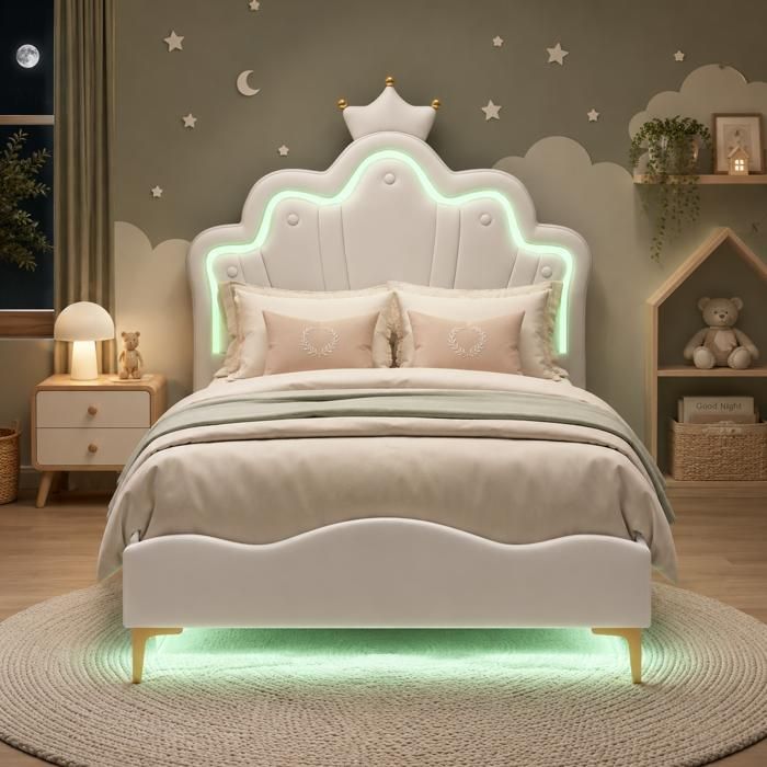 Lit enfant 90x200 avec Éclairage LED RGB - tête de lit couronne réglable - sommier à lattes - décor couronne - 1 place - PU blanc
