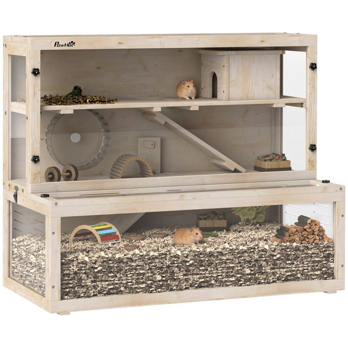 Cage à hamster 3 niveaux 100 x 50 x 84 cm avec cabane roue et rampes bois et plastique pour plusieurs petits animaux