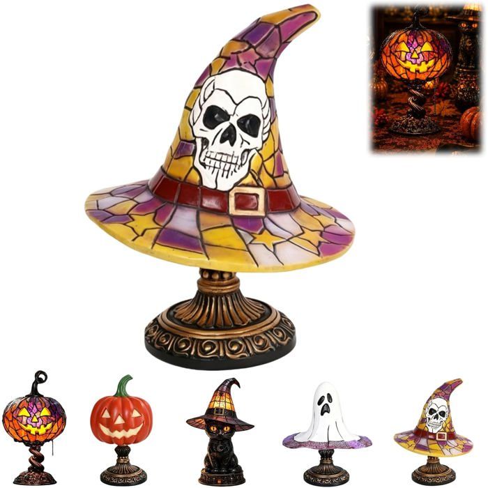Lampe de table citrouille dHalloween en verre teinté style Tiffany style gothique vintage en résine alimentée par USB (L046)