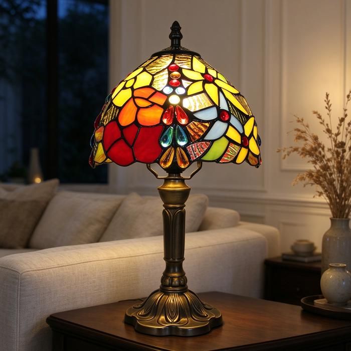 Lampe de Table Tiffany 20 cm Abat-jour Vitrail Fleur Style Rétro Lampe de Chevet Baroque Fait Main Douille E27
