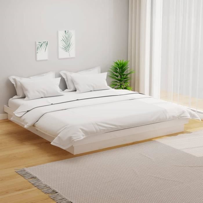 cadre de lit blanc bois massif 200x200 cm - akozon - campagne - a lattes - 2 personnes