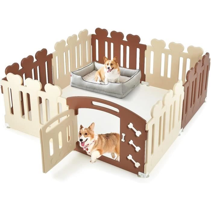 GYMAX Parc pour Chien à 8 Panneaux en Forme d’Os, Enclos avec Porte Ouvrable, Barrière de Sécurité en Plastique, Café+Beige