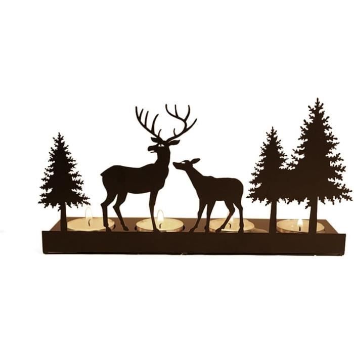 Bougeoir De Noël Métal Et Bois – Support 4 Bougies, Silhouette Village, Décoration Table Ou Cheminée