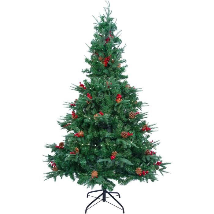 Sapin De Noël Artificiel 90 Cm Avec Lumières LED - Floqué Neige, Baies Rouges, Base Blanche, 8 Modes, Timer - 5