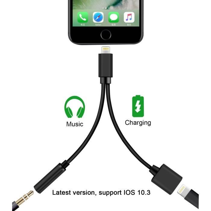 FLYHANA Adaptateur Audio Mobile 2 en 1 Connecteur de Prise Casque Câble de Chargeur Découteur Répartiteur à Double Ports Compatible avec Phone 7/7 Plus 8/8 Plus/X Musique + Charge + Appel 