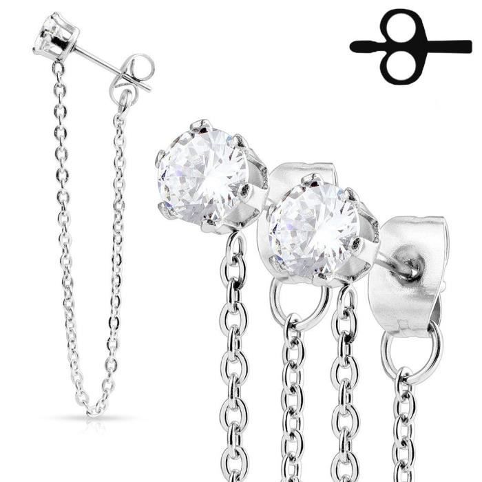Boucle doreille parure femme en acier avec chaîne pendante et 2 pierres zircon - Original et élégant Boucle doreille parure femme en acier avec chaîne pendante et 2 pierres zircon - Original et élégant