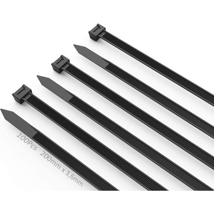 100 Attaches Câble GUNGY Noir - 200x3.6mm - Nylon Résistant UV - Pour Rangement Câbles Et Jardinage