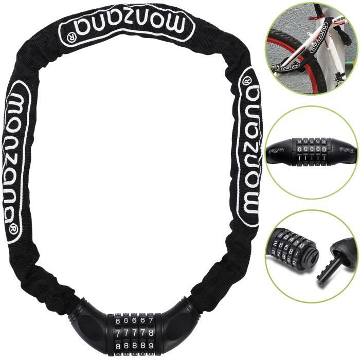 Antivol Vélo à Code - Chaîne En Acier Trempé 6 Mm - Longueur 90 Cm Ou 120 Cm - Code à 5 Chiffres - Revêtement Textile Noir