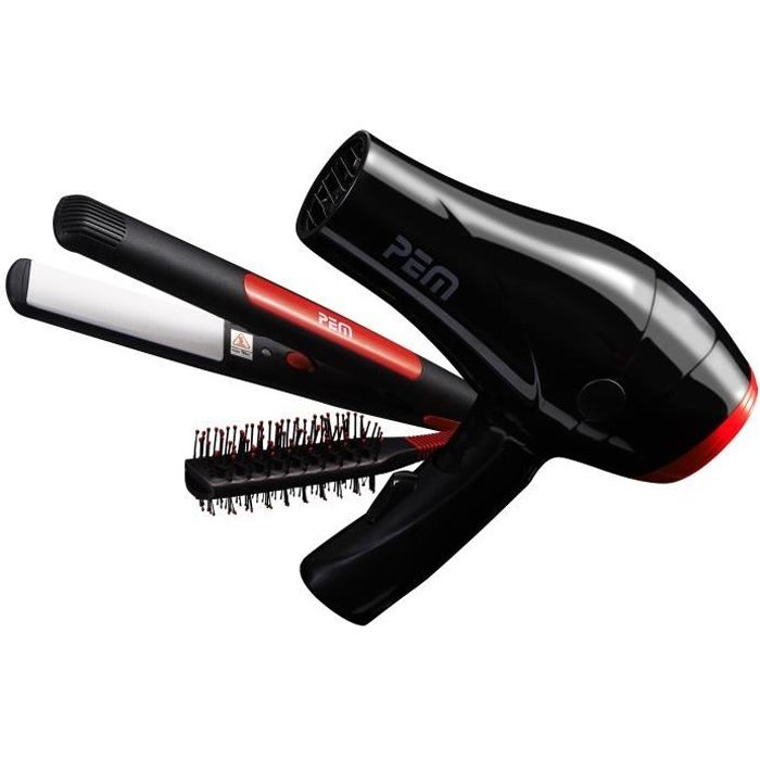 PEM Set beauté voyage : Sèche cheveux voyage + Lisseur + Brosse 2 sens - KI-201 - Noir