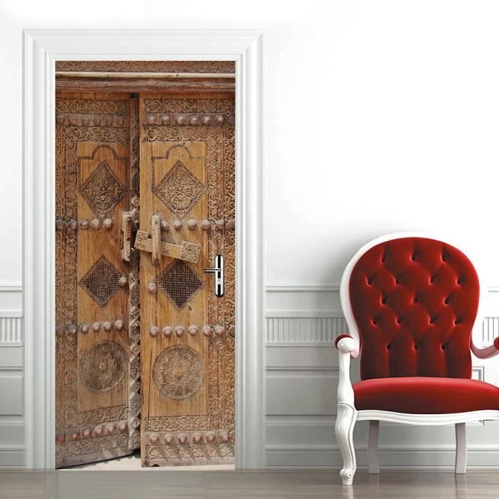 Sticker Trompe-l'œil Porte De Cave à Vin Vintage - Papier Peint Adhésif 77x200 Cm - Décor 3D Effet Bois