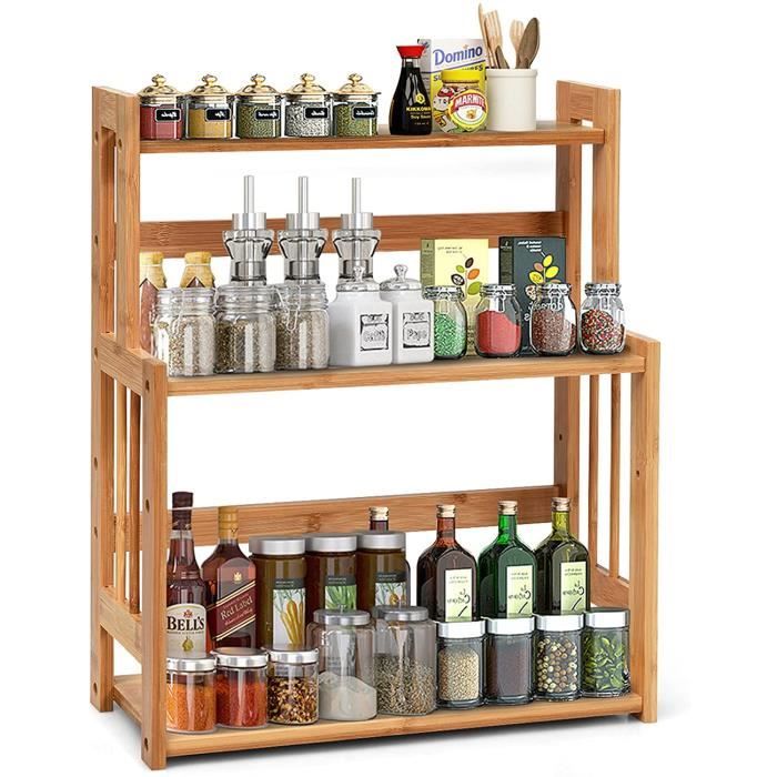 Étagère à épices Bambou, 8 Pots Verre, Présentoir à épices, Organiseur