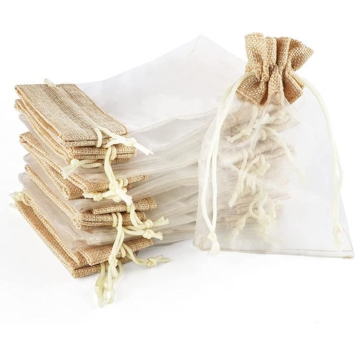 30 Sachets en Organza avec Toile de Jute Sachets 10x15cm Pochettes Cadeau en Organza