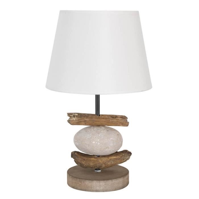 Lampe A Poser En Bois Et Galets En Resine Avec Abat Jour Coton