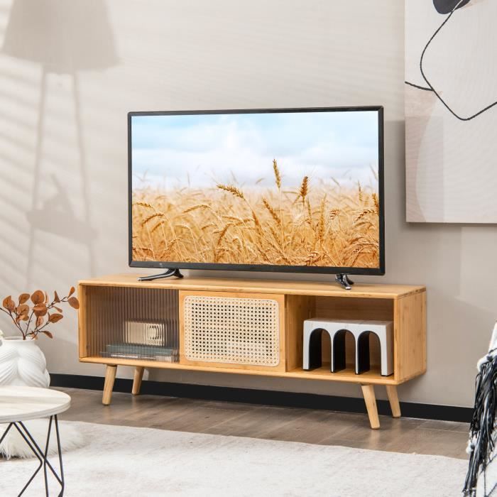 costway meuble tv en bambou pour tv 55" avec 4 compartiments, 4 pieds en bois massif, 2 portes coulissantes en rotin et verre trempé