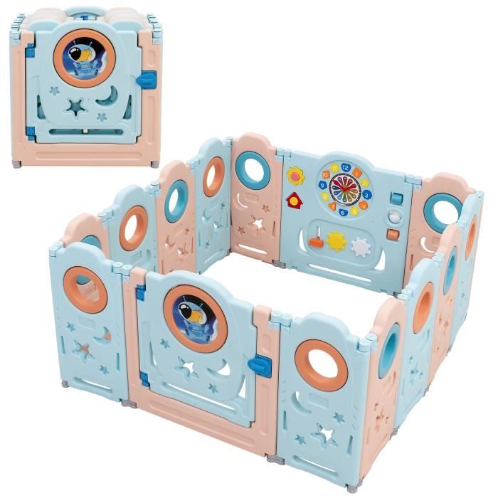 DREAMADE Parc Bébé Pliable Détachable 14 Panneaux avec Panneau de Jeu, Porte et Serrure de Sécurité, pour Enfants 6Mois-6Ans, Bleu