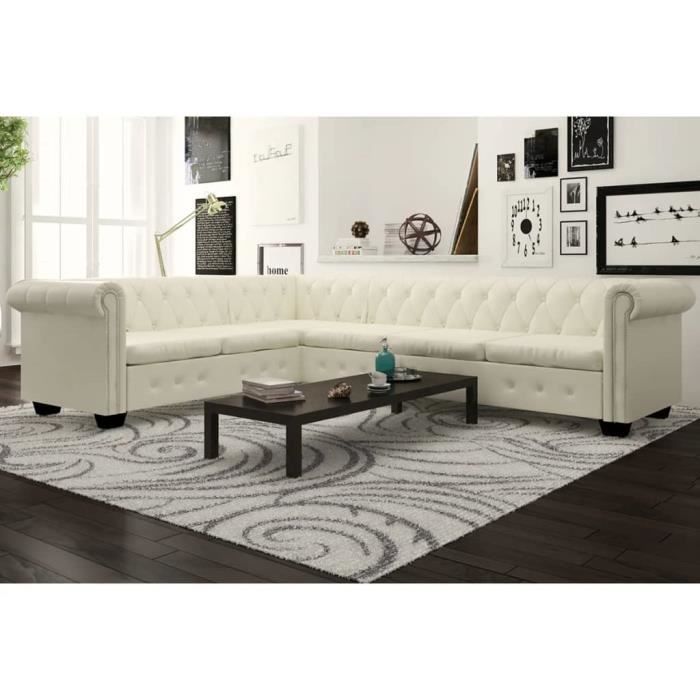 Canapé D'angle Chesterfield 5 Places En Simili Cuir Blanc - Design Avec Clous Et Touffes - Dimensions 205x205x73 Cm