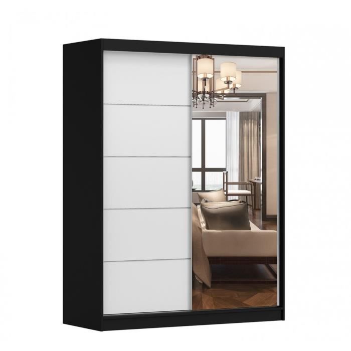 Armoire de chambre avec 2 portes coulissantes et miroir avec étagères - 150x200x61 cm - Beni 05 Classic (Noir + Blanc, 150)