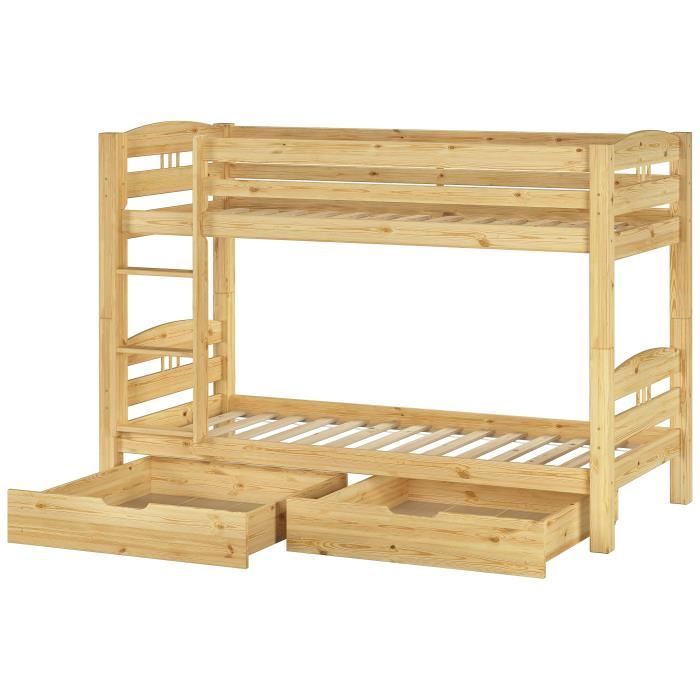 Lit superposé enfant pin massif naturel 90x200 avec sommiers et 2 tiroirs de rangement 60.10-09S2