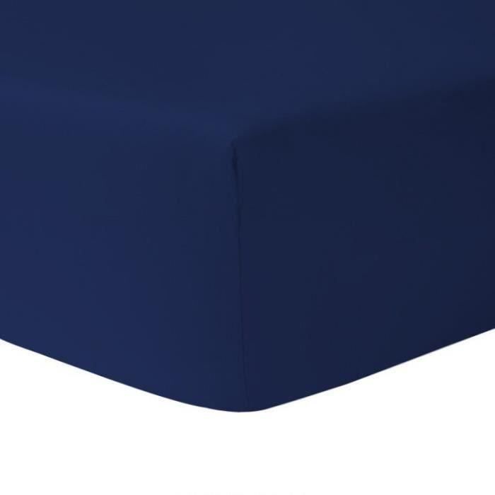 Drap Housse - SPECIAL GRAND BONNET - 100% Coton - 180 x 200 cm - Marine - Tissage Serré
