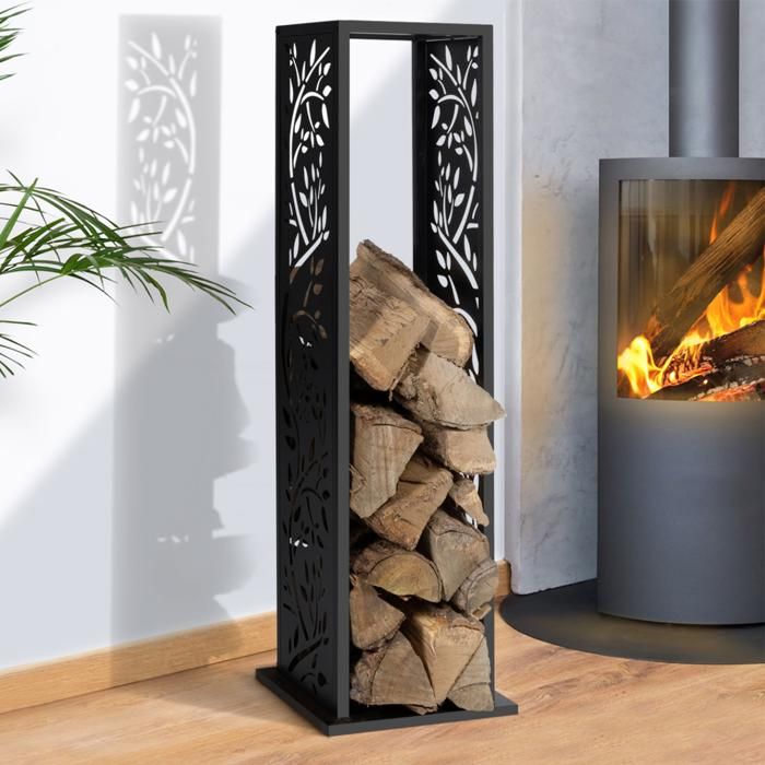 IDMARKET Range bûches vertical acier noir motif arbre CM