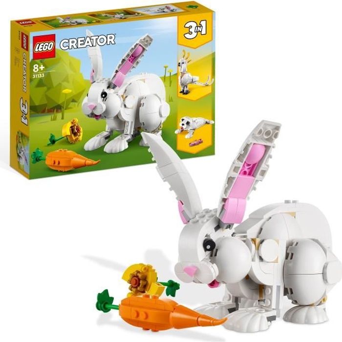 lego creator 3-en-1 31133 le lapin blanc, avec des figurines animaux poissons, phoques et perroquets