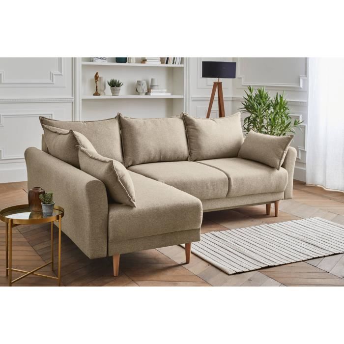 hanne canape d angle convertible scandinave avec coffre 4 places gauche couleur beige cdiscount maison