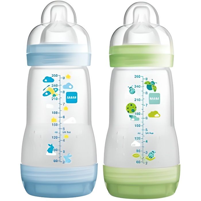 Mam Set De 2 Biberons Anti Coliques 0 A 6 Mois Tetine Debit 2 Bleu 260 Ml Cdiscount Puericulture Eveil Bebe
