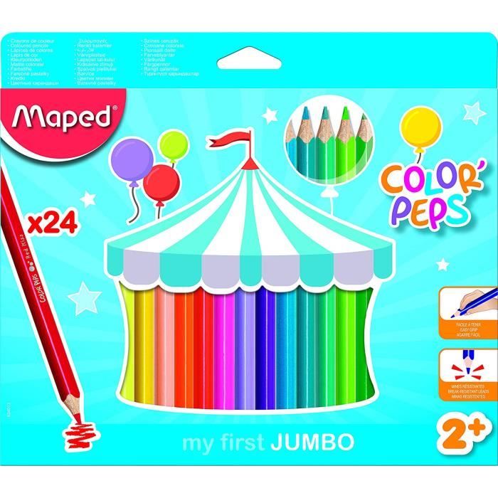 Maped Color'Peps Crayons de Couleur Maxi pour Enfants, Premiers Crayons de Coloriage pour Bébé +2 ans - Boîte de 24 crayons Jumbo