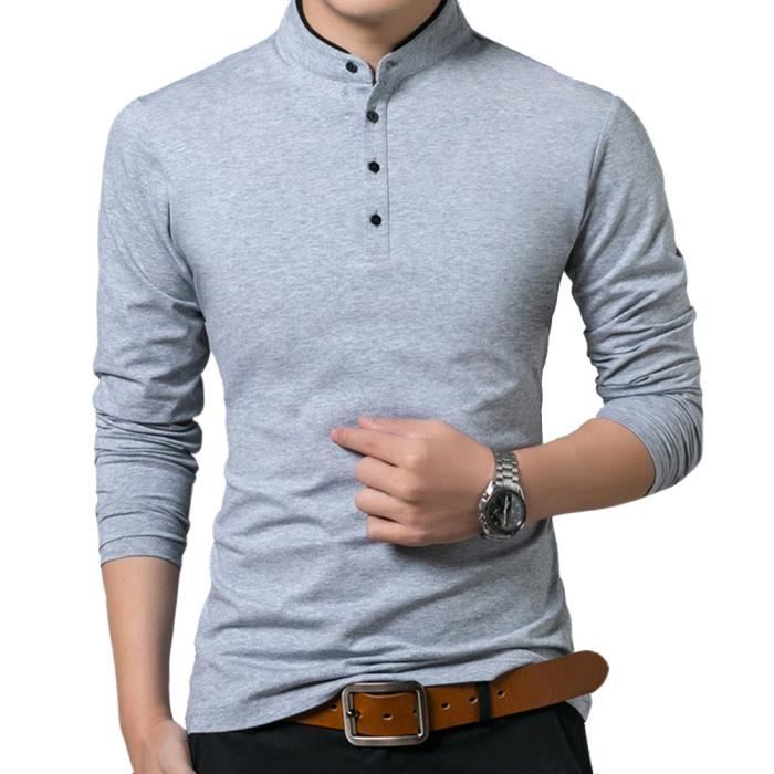 Tee Shirt Col Officier Uni Homme T Shirt Bouton En Casual Manches