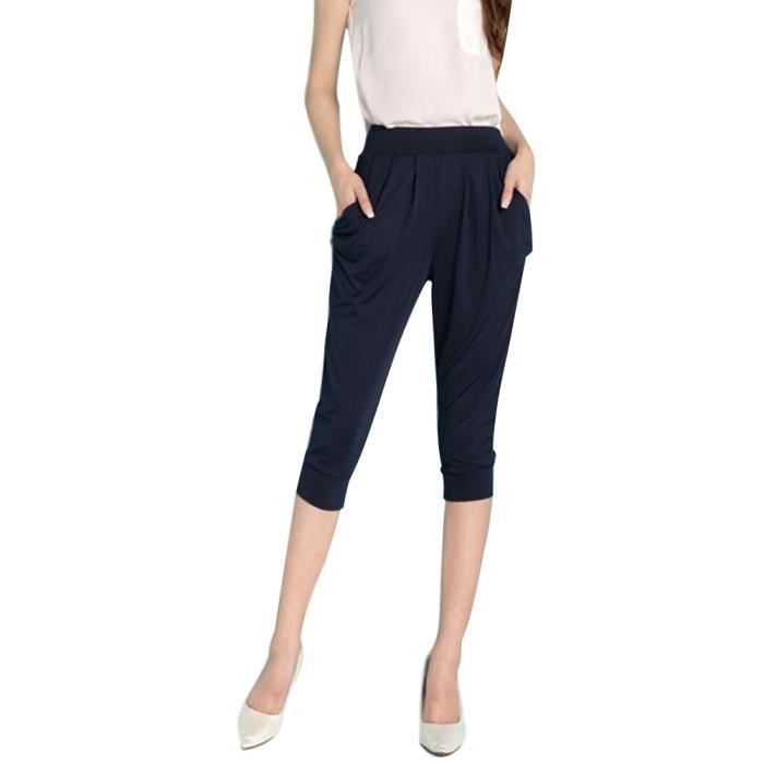 Minetom Pantacourt Femme Pantalons Courts 3 4 Sarouel Casual Ete Taille Haute Short Mode Elastique Sport Yoga Fitness Bleu Cdiscount Pret a Porter