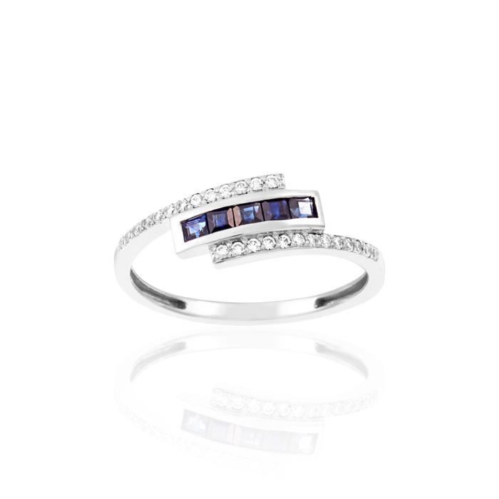 Bague CLEOR en Or 375 1000 Blanc et Saphir Oxyde Bleu Blanc