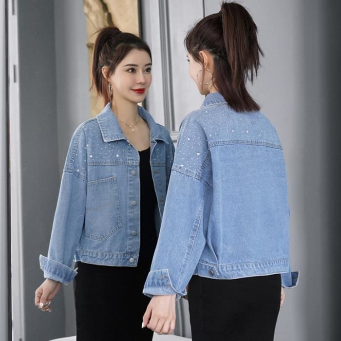 Veste en jean pour Femme Denim Blouson en Jean Manches Longues Printemps et Automne Bleu Cdiscount Pret a Porter