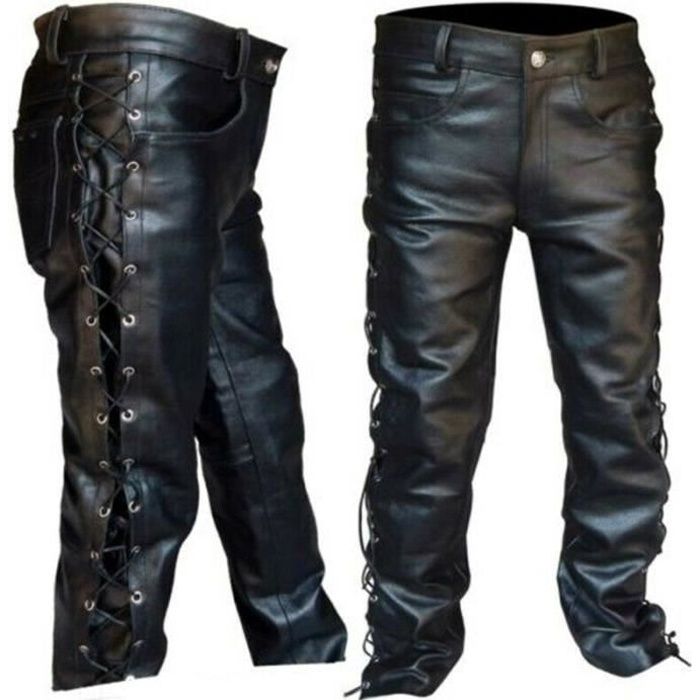 Pantalon de moto noir pour homme, pantalon punk, pantalon en cuir, gothique  à lacets croisés