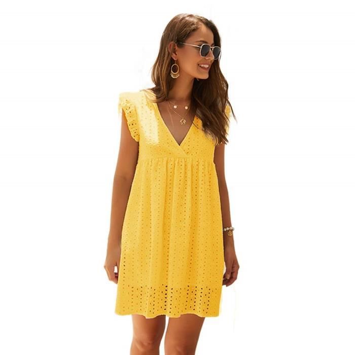 Robe Femme Ete Blanche Mi Longue avec Short Integre et Poches Jaune