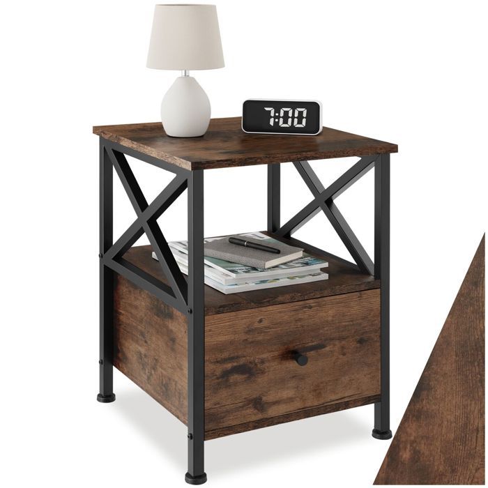 Table de chevet - TECTAKE - Chevet FALKIRK style industriel 2 étagères et tiroir en bois et acier 40 x 41 5 x 55 5 cm - Bois foncé Table de chevet - TECTAKE - Chevet FALKIRK style industriel 2 étagères et tiroir en bois et acier 40 x 41 5 x 55 5 cm - Bois foncé