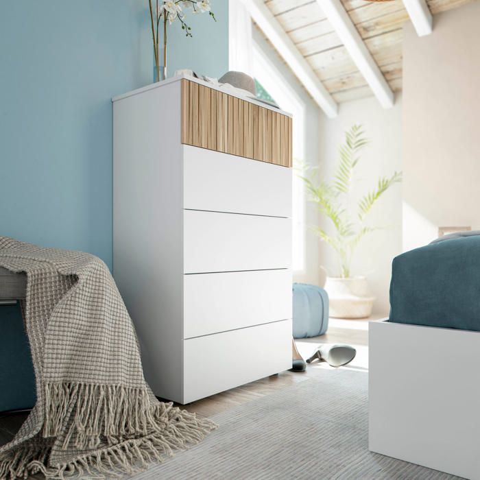 Commode avec 5 tiroirs - Blanc et bois naturel - CO81006 - Terre de Nuit Commode avec 5 tiroirs - Blanc et bois naturel - CO81006 - Terre de Nuit